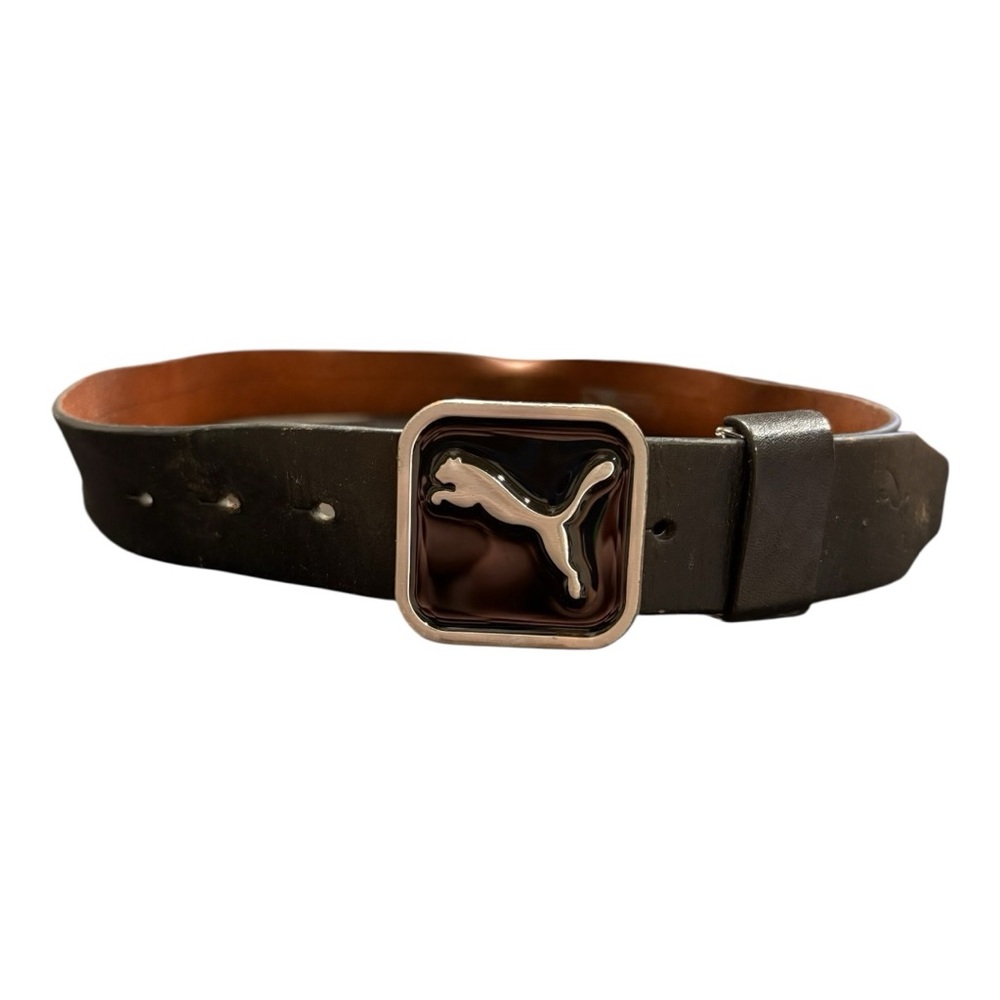 Puma Black Leather Belt with Silver Logo Buckle – One Size Adjustable ARB